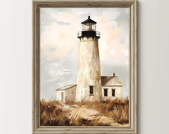 May include: A painting of a white lighthouse with a black roof and a brown wooden door. The lighthouse is surrounded by tall grass and a dirt path. The sky is a light blue with white clouds.