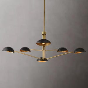 1950's Mid Century Brass Black Orb 6 Lights - Sputnik Italian Ceiling Vintage Chandelier 2 Tier Curved Arms - Starburst Light Fixture
