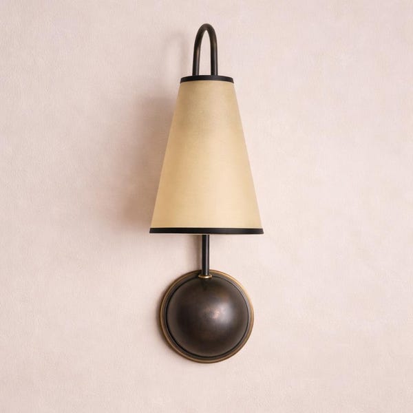 Single Arm Shade Wall Sconce - Fabric Shade Wall Lamp Brass Wall Sconce - Modern Farmhouse Wall Light Country Lighting - Blackened Brass