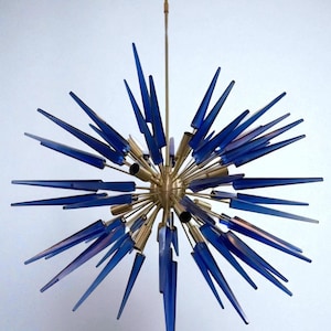 1950's Mid Century Murano Glass Blue Cube Sputnik Urchin Italian Ceiling Light Fixture  Brushed  Brass Finish Ceiling Lamp