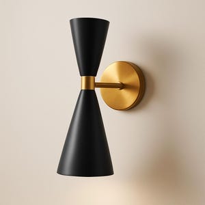 Mid Century Modern Black and Brass Wall Sconce , Handmade Lighting Fixture , Vintage Style Wall Light