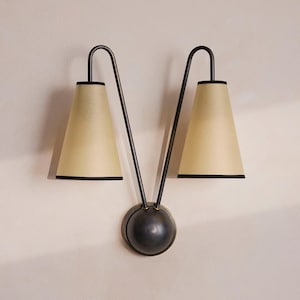 Blackened Double Shade Wall Sconce - Fabric Shade Wall Lamp Brass Wall Sconce - Modern Farmhouse Wall Light Country Lighting