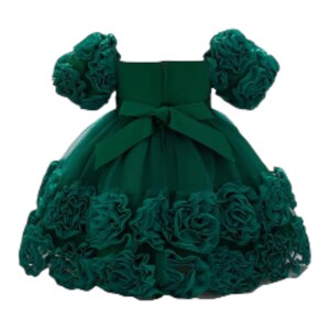 May include: A dark green dress with a tulle skirt and floral accents. The dress features a bow in the back and ruffled sleeves. The skirt is adorned with large, fabric roses.