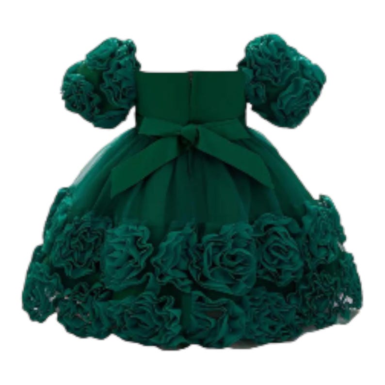 May include: A dark green dress with a tulle skirt and floral accents. The dress features a bow in the back and ruffled sleeves. The skirt is adorned with large, fabric roses.