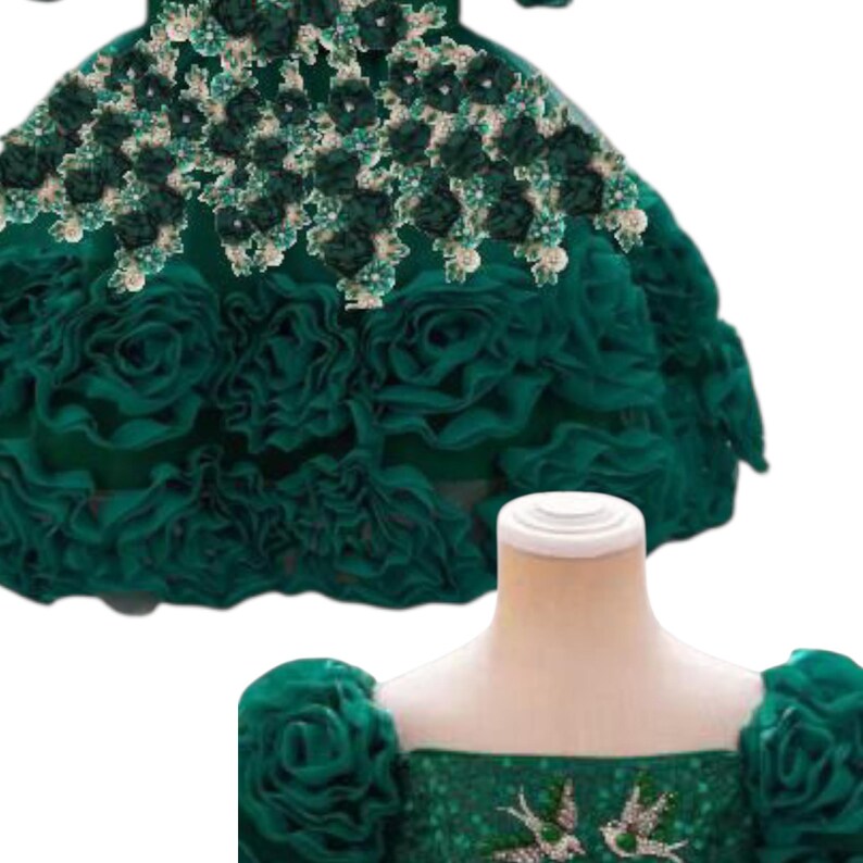 May include: Emerald green formal dress with floral embellishments. The bodice features a square neckline and is adorned with embroidered birds. The dress has a layered skirt with large, ruffled rosettes. The sleeves are adorned with large rosettes.