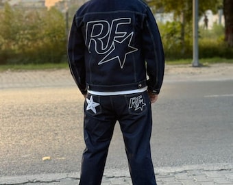 Custom Embroidered Denim Jacket & Jeans Set: Unisex Streetwear Outfit