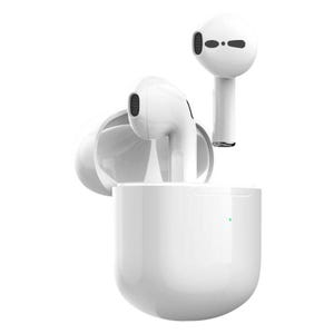 May include: White wireless earbuds and charging case. The earbuds are displayed both inside and outside the case, with a green light visible on the case. The earbuds have a sleek, modern design.