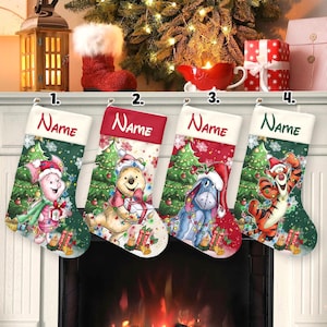May include: Four Christmas stockings featuring Winnie the Pooh characters Piglet, Pooh, Eeyore, and Tigger. Each stocking has a white cuff with the text Name, a green or red background, a decorated Christmas tree, and wrapped gift boxes.
