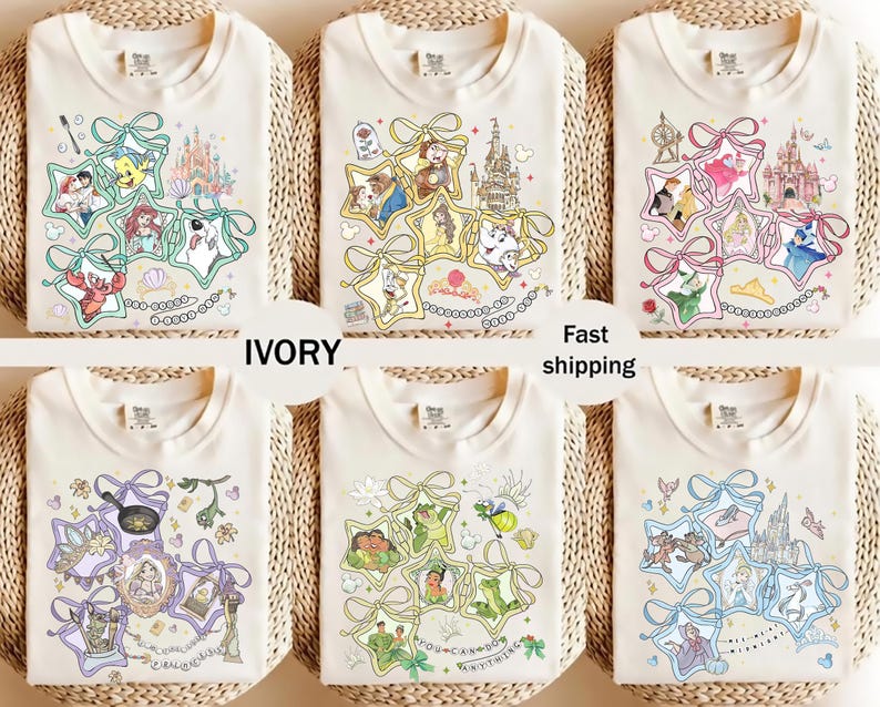 May include: Ivory-colored t-shirts with various cartoon character designs. Each shirt features a different design, including characters from popular animated movies. The text "IVORY" and "Fast shipping" are also visible.