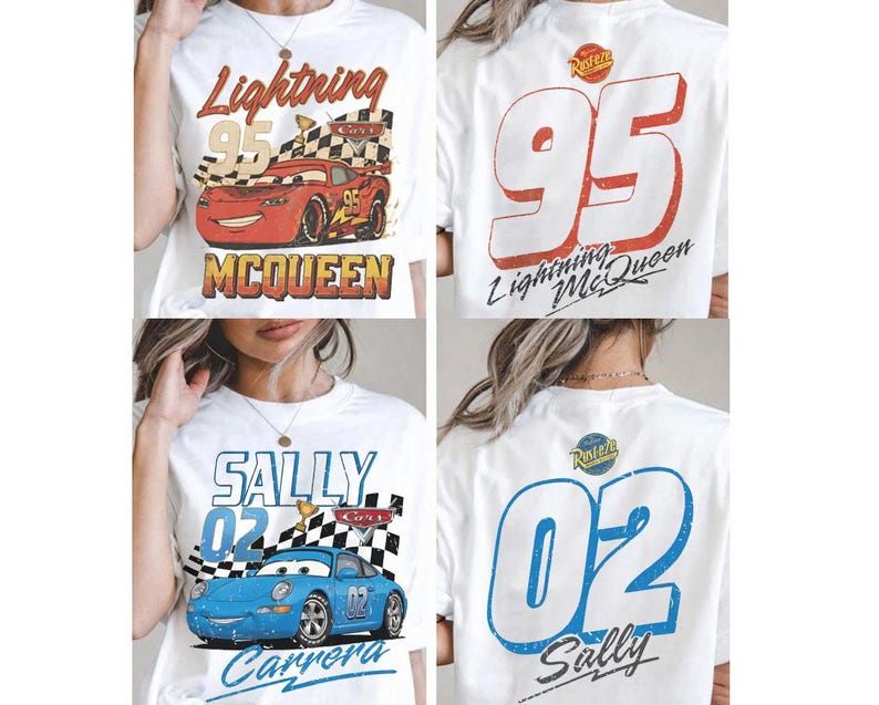 K&ouml;nnte beinhalten: Wei&szlig;e T-Shirts mit Designs aus dem Film Cars. Eines zeigt Lightning McQueen mit der Nummer 95, das andere Sally Carrera mit der Nummer 02. Die Shirts haben einen Vintage-Look mit Used-Effekt.