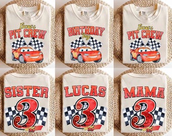 Camiseta de cumpleaños de coches personalizados, camiseta de cumpleaños de Rayo McQueen para niño, camiseta del equipo de boxes de Pixar, camiseta de viaje de cumpleaños familiar, camiseta de cumpleaños de WDW