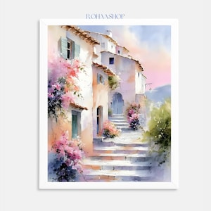Impression d'art de Santorin : fleurs de bougainvilliers, marches d'un village grec (téléchargement numérique)
