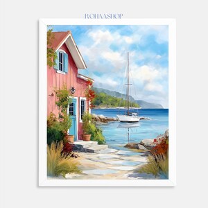 Mediterranean Coastal Village Art Print | Greek Island Watercolor Painting | Nautical Wall Decor | Sailboat Harbor Print | Beach House Art