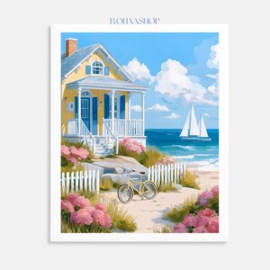 Coastal Beach House Print | Yellow Beach Cottage Wall Art | Nautical Home Decor | Seaside Painting | Ocean View Art | Digital Download