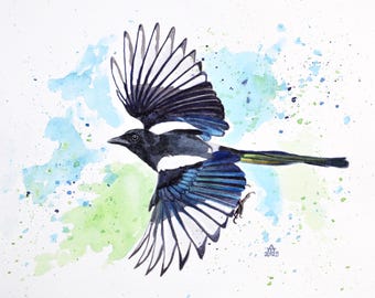 Magpie watercolor original, flying bird, modern animal art, hand-painted, minimalist bird picture, unique piece 30 x 24 cm