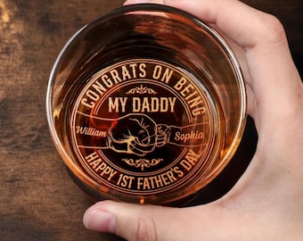 Personalized Engraved Whiskey Glass - Custom Whiskey Glass with names- Gift for Him men daddy- 11oz Drinking Glasses-Happy 1st Father&#39;s Day
