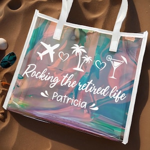 Personalized Holographic Clear Tote Bag - Custom Name/Text/ Beach Bag for Girl Women Friend Mom Trip Gift - Rocking The Retired Life