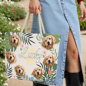 Bolsa personalizada com rosto de animal de estimação, bolsa de praia de lona personalizada para presente de madrinha, bolsa de ombro de viagem personalizada, bolsa grande para clube de praia