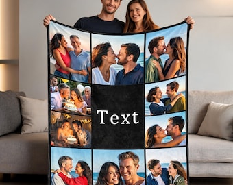 May include: A rectangular photo collage blanket featuring a black central panel with the word Text in white font. The blanket displays twelve distinct photographic images of a couple in various settings, including beach scenes and birthday celebrations.