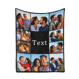 May include: A black fleece blanket featuring a collage of romantic photos. The blanket has a central black square with the word "Text" in white. The surrounding images depict couples in various affectionate poses, creating a personalized gift.
