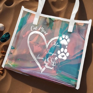 Custom Beach Tote Clear- Personalized Holographic Clear Tote Bag - Travel / Beach Bag for Pet Lovers Memorial Gift - Transparent Gift Bag