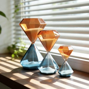 May include: Three diamond-shaped hourglasses in different sizes. The tops are amber, and the bases are blue. The sand inside is white. The hourglasses are displayed on a wooden surface, with sunlight streaming through a window.