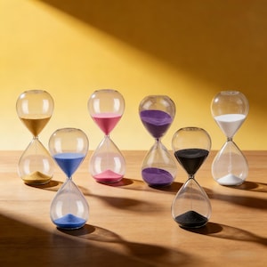 May include: Seven glass hourglasses, each containing sand in a different colour: gold, blue, pink, purple, black, and white. They are arranged on a wooden surface against a yellow backdrop.