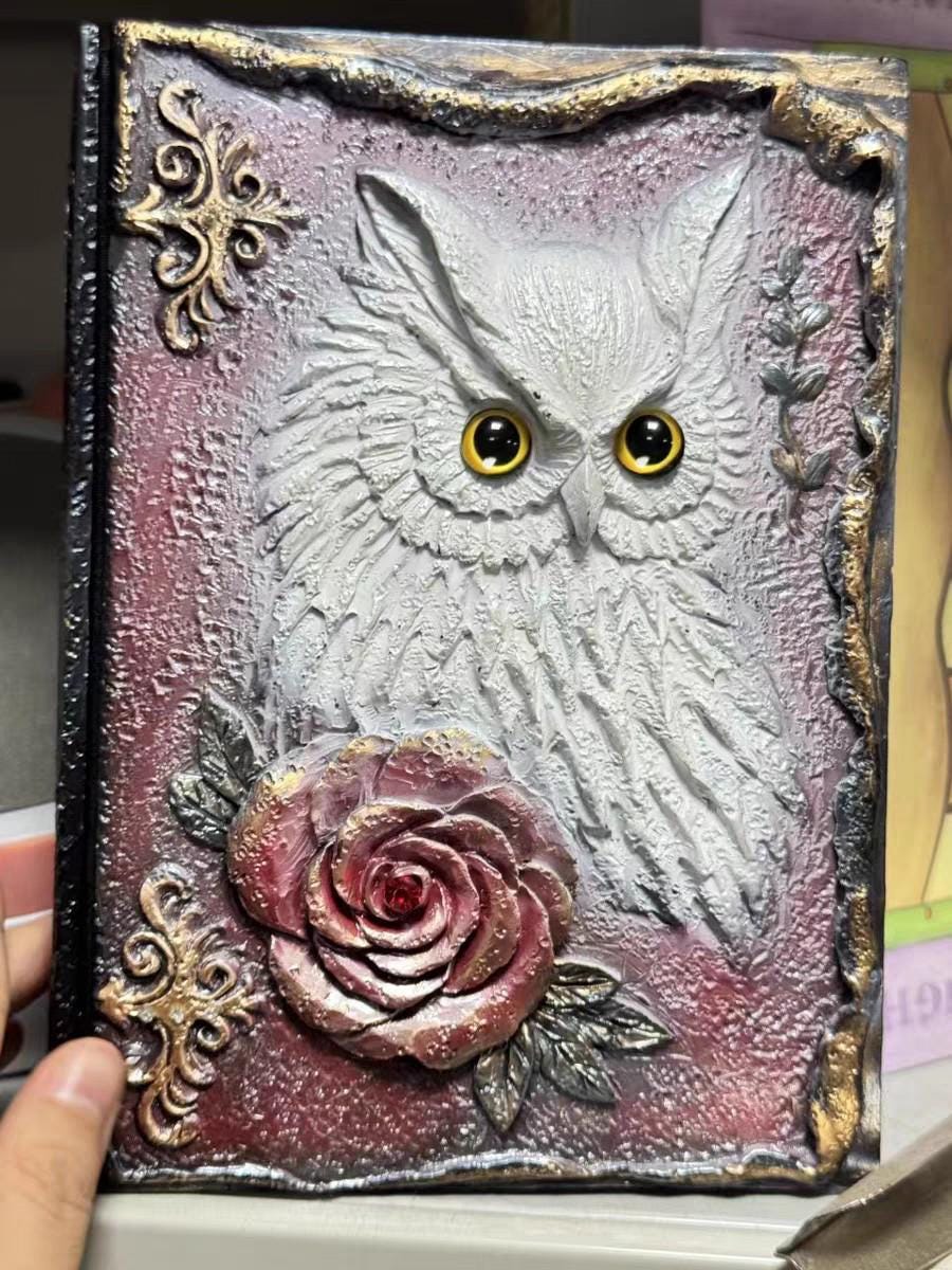 Athena Owl Journal – Embossed Resin Notebook with Swarovski Crystal, 3D Owl & Rose Design,