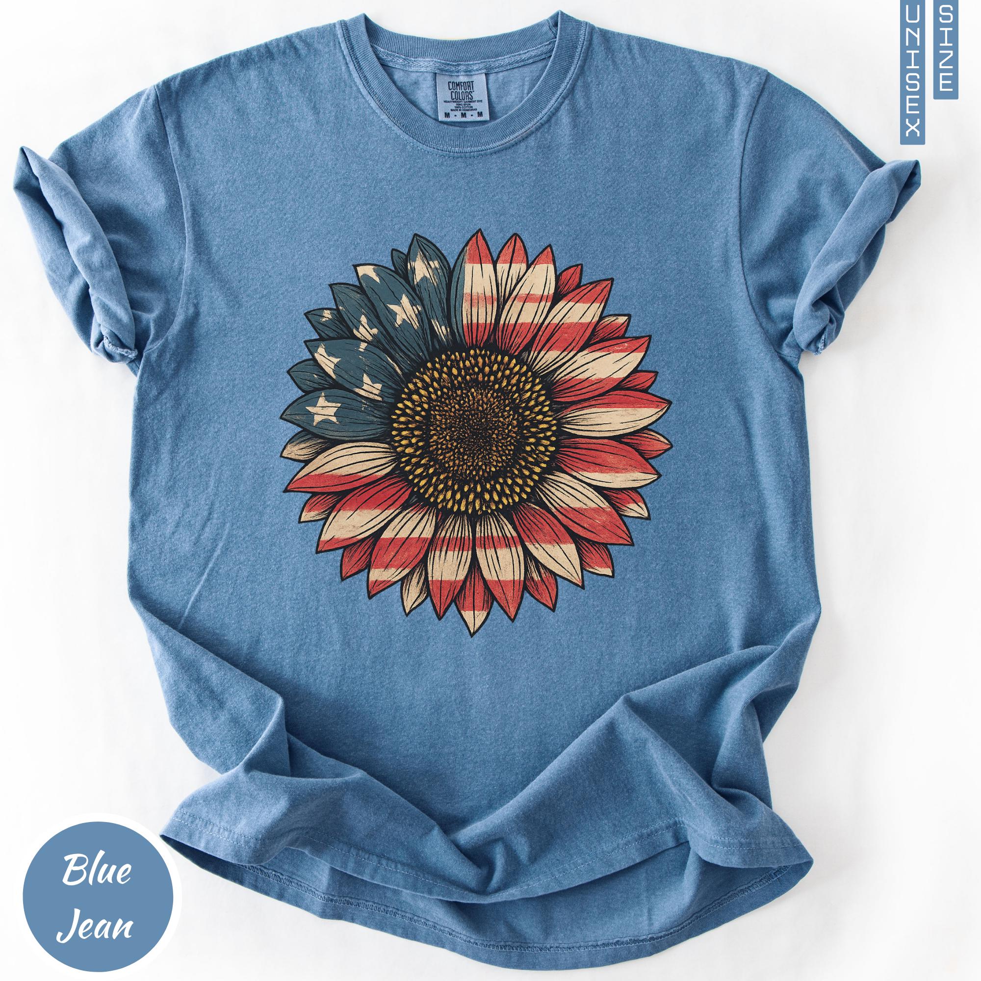 American Sunflower Shirt, USA Flag Flower T-Shirt, 4th Of July Graphic Tee, Freedom Long Sleeve, Patriotic Youth Tee, Independence Gift