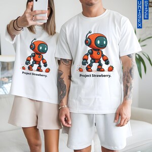 Bonita camiseta de robot fresa, diseño de ciencia ficción del Proyecto Fresa, regalo original de robot, gráfico de tecnología espacial geek, sudadera divertida con dibujos animados de IA