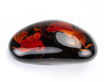 Vintage Japanese Lacquered Stone Paperweight Hand-Painted Goldfish Koi