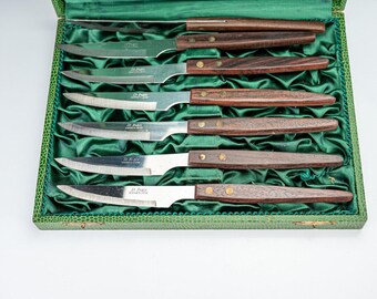 St. Regis Stainless Japan Steak Knife Set Wood Handles 7 Piece Vintage