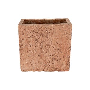 May include: A square, terracotta-colored planter with a textured surface. The planter has a rough, handmade appearance with visible imperfections and a rectangular opening at the top. The planter is suitable for indoor or outdoor use.