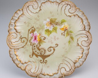Antique Limoges Porcelain Plate Hand Painted Green Gold Gilt Scalloped Floral