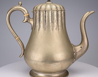 Antique Victorian Pewter Coffee Pot Fluted Leaf Hinged Lid Bone Insulators
