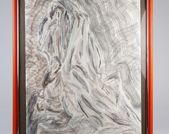 1990s Artist Signed Abstract Watercolor Painting Framed Mountain Landscape