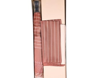 Ensemble parapluie et écharpe roses vintage des années 1970-1980 — Neuf dans la boîte d'origine — Rayé