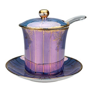 Vintage Lusterware Purple Porcelain Lidded Jam Pot with Saucer and Glass Spoon