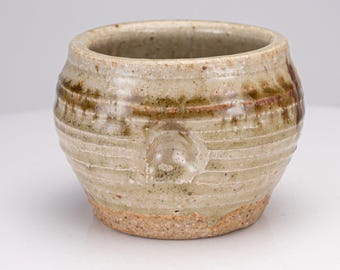 Japanese Mini Studio Pottery Stoneware Ribbed Tea Cup Yunomi Ash Glaze Handmade