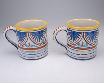 Set of 2 Deruta Italy Ceramic Mugs Hand-Painted Blue Orange Peacock Feather