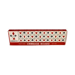 Vintage Arrco inläggningar av trä Cribbage-bräde med pinnar spelkortsdesign