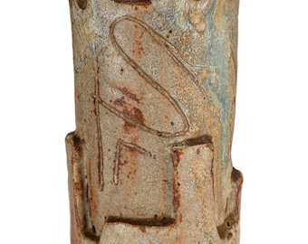 Artisan Brutalist Rustic Stoneware Pottery Sculptural Vessel with Cutouts