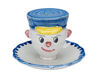 Taza para huevos de payaso pintada a mano de cerámica italiana vintage con salero y sombrero