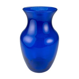 May include: A cobalt blue glass vase with a flared top and a rounded body. The vase is empty and stands against a white background. The glass has a glossy finish.