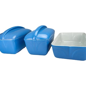 Assiettes de réfrigérateur en céramique bleue des années 1930, service de 3 pièces de style Art déco.