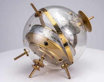 Vintage 1960s Huger West Germany Sputnik Weather Station Barometer Brass Lucite