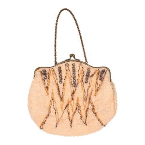 May include: A vintage, cream-colored beaded handbag with a decorative zigzag pattern in brown and gold. The purse has a metal clasp and a chain handle.