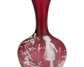 Mary Gregory Style Cranberry Glass Vase, White Enamel Girl Scene
