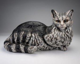 Vintage 13" Portuguese Ceramic Laying Cat Figurine 109 Hand Painted Tabby Statue