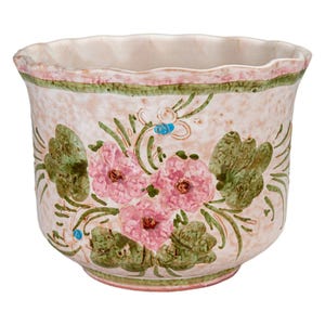 Vintage Hand-Painted Ceramic Planter Pot with Pink Flowers